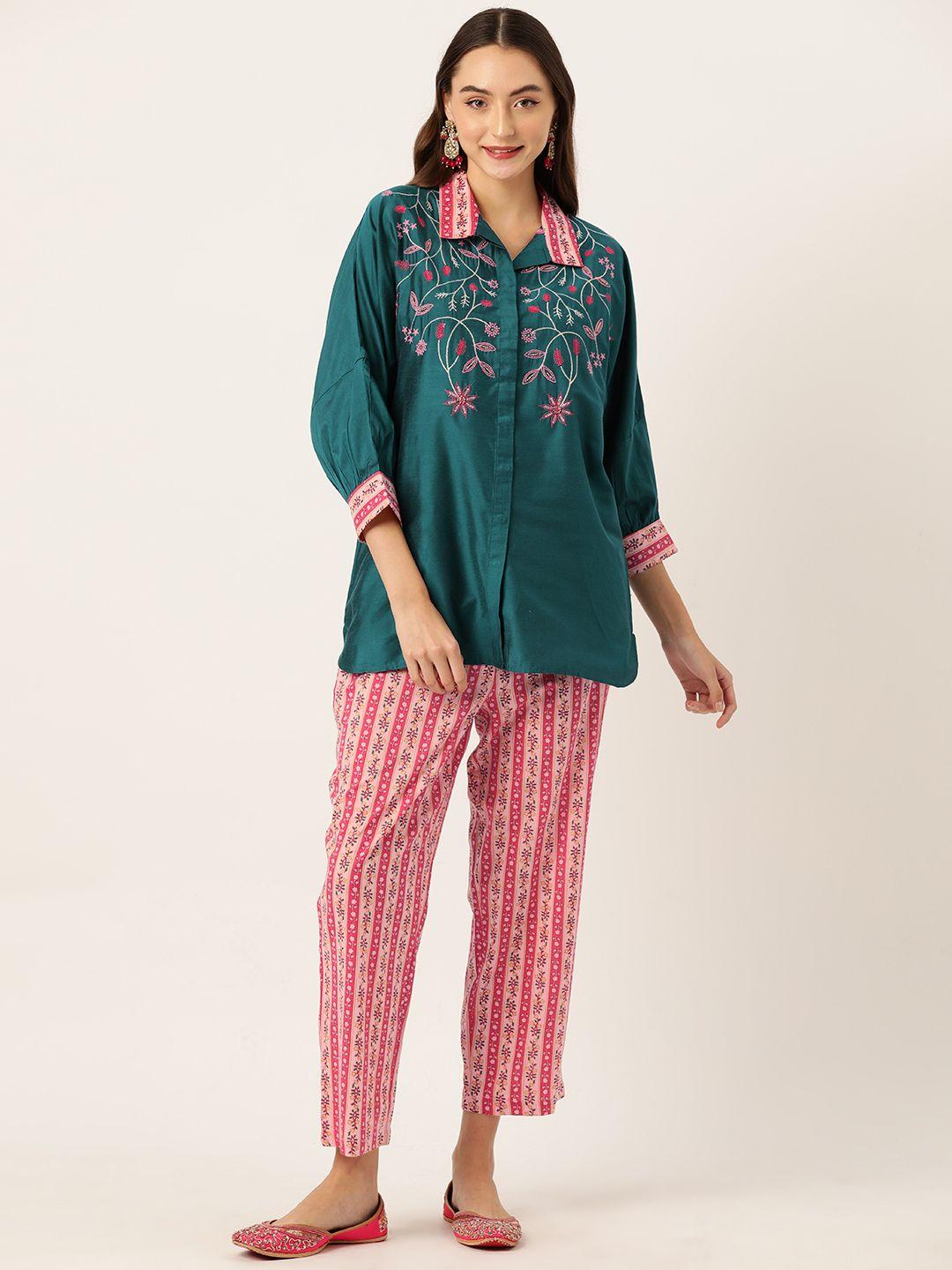 misri women floral embroidered cotton shirt & trousers