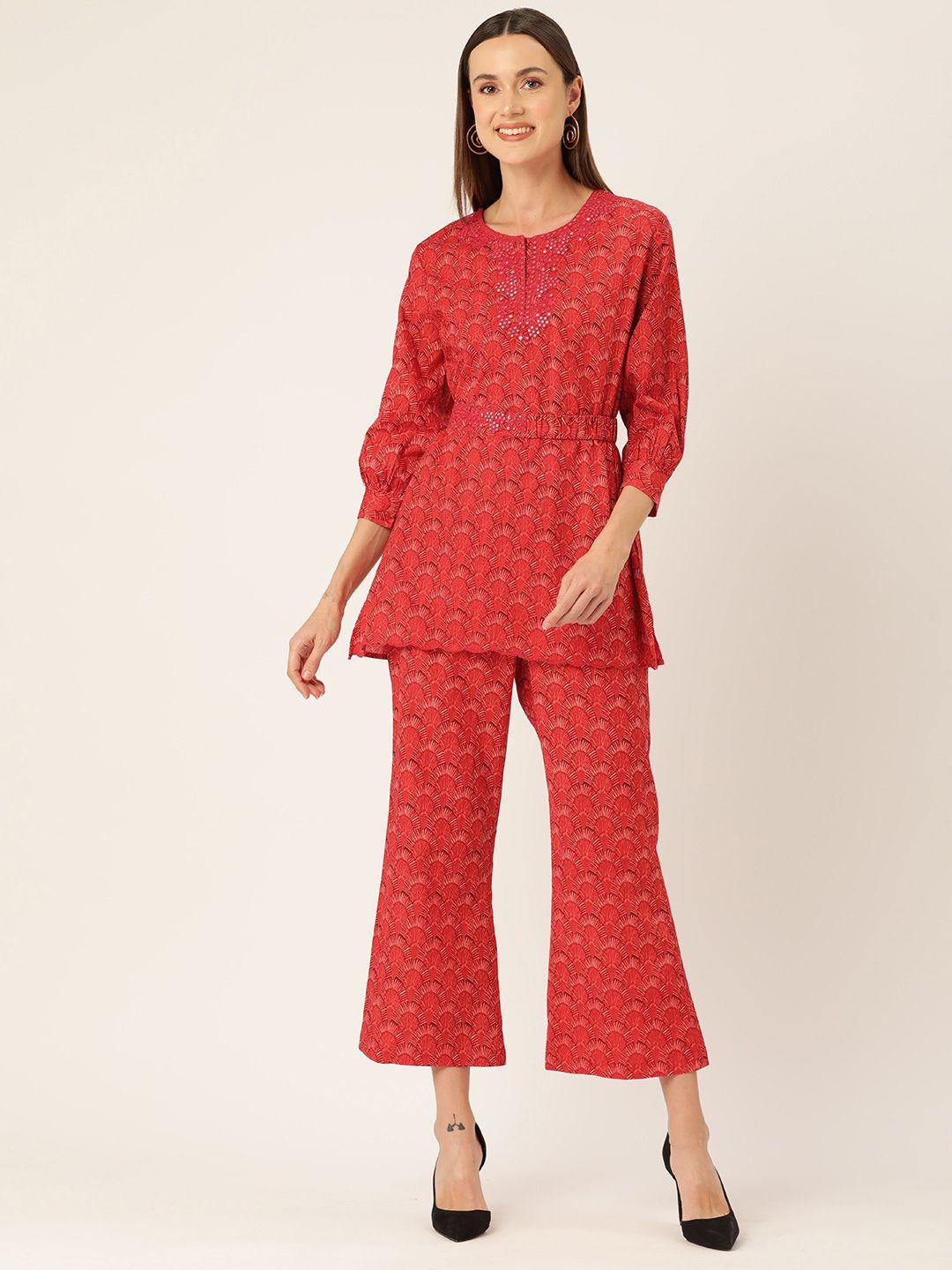 misri women floral printed cotton tunic & trousers with mirror work details