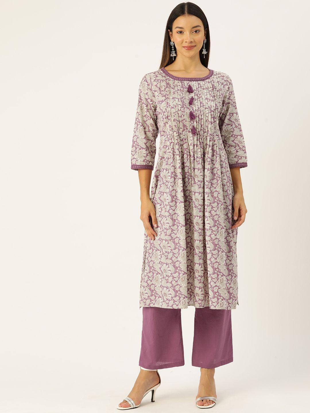 misri women floral printed pleated pure cotton kurta with palazzos