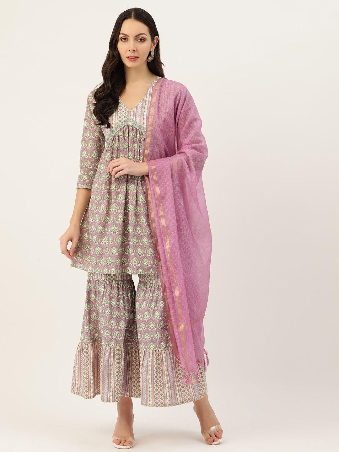 misri women floral printed pleated pure cotton kurta with sharara & with dupatta