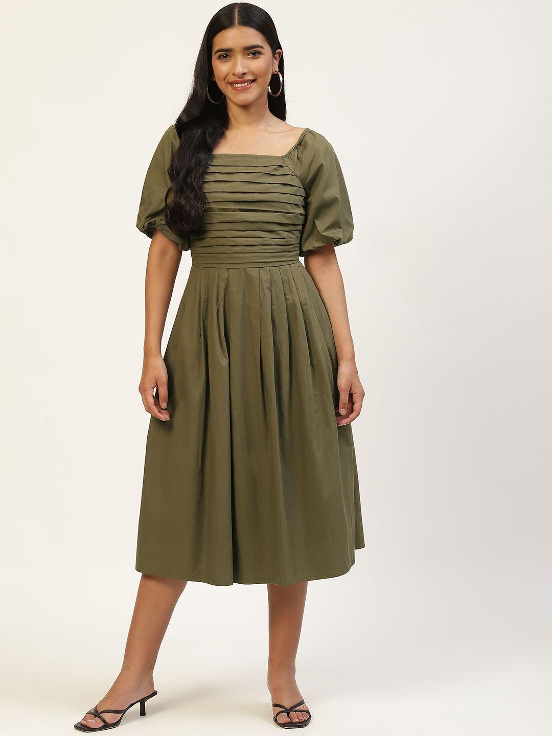 misri women olive green solid pleated formal dress