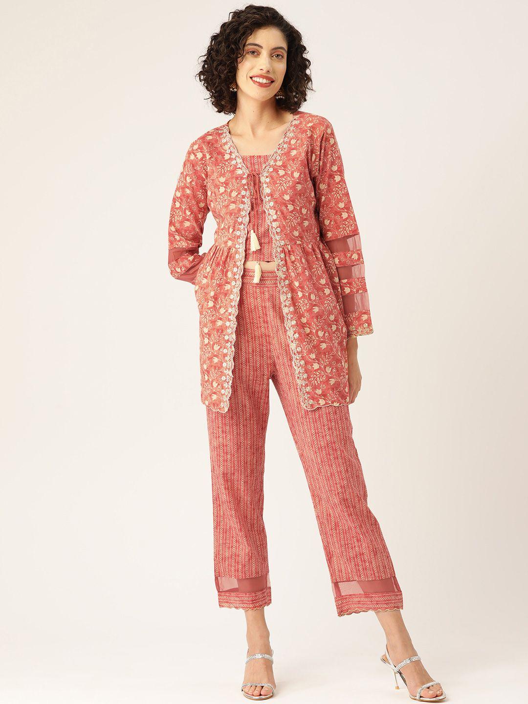 misri women printed cotton top with trousers & shrug