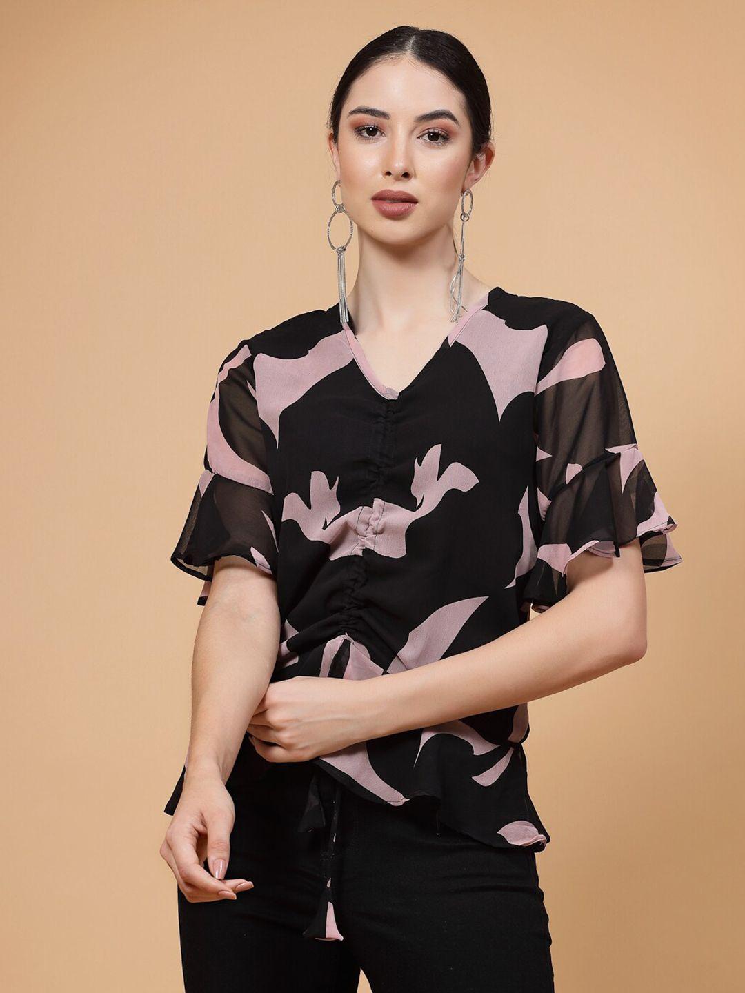 miss ayse abstract printed ruched georgette top