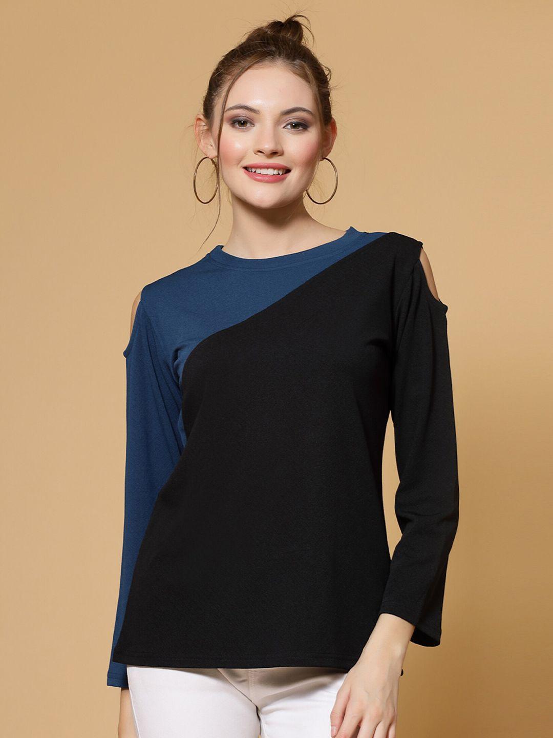 miss ayse colourblocked round neck cold-shoulder sleeves top