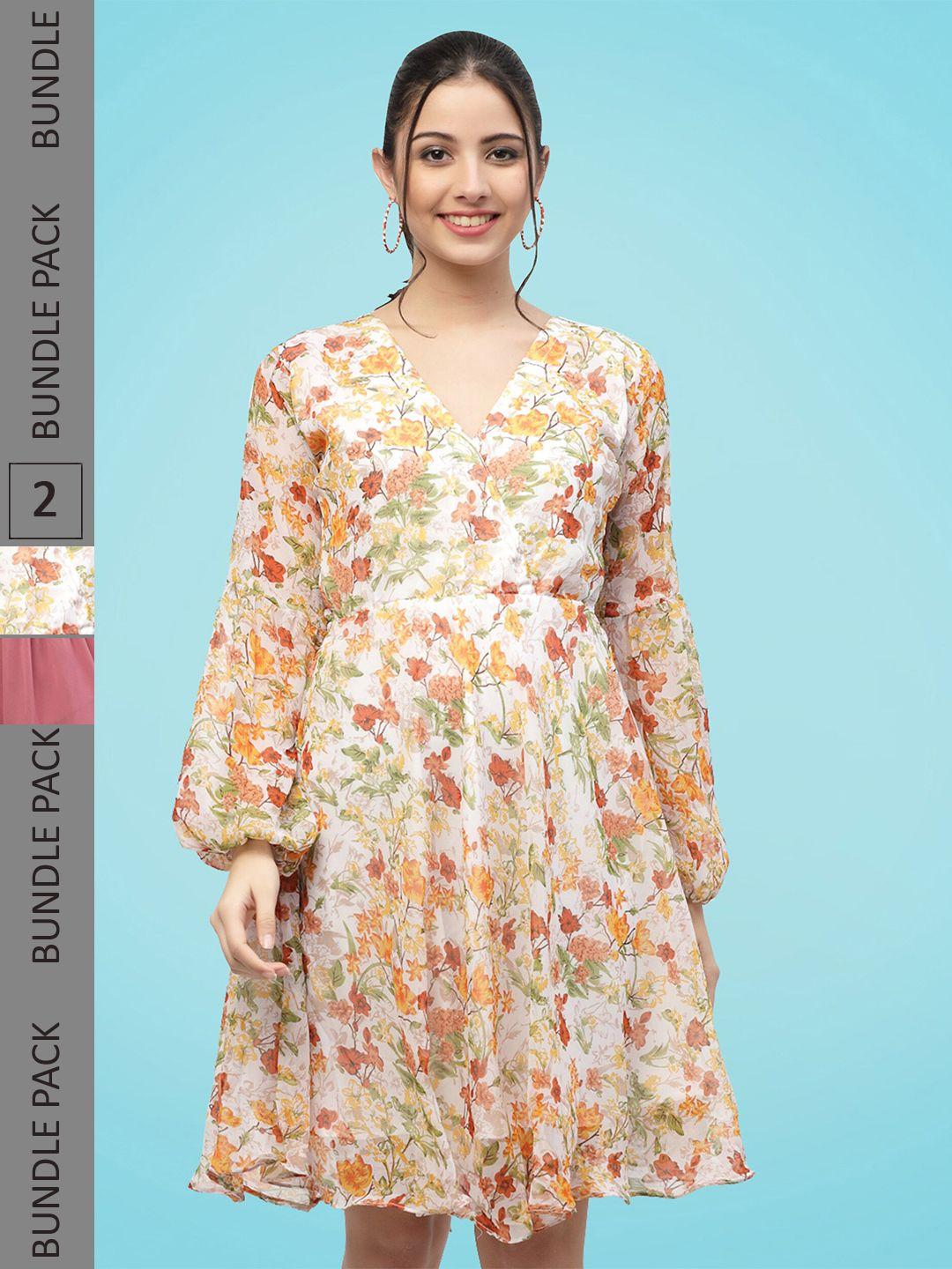 miss ayse pack of 2 floral printed puff sleeves georgette fit & flare dress