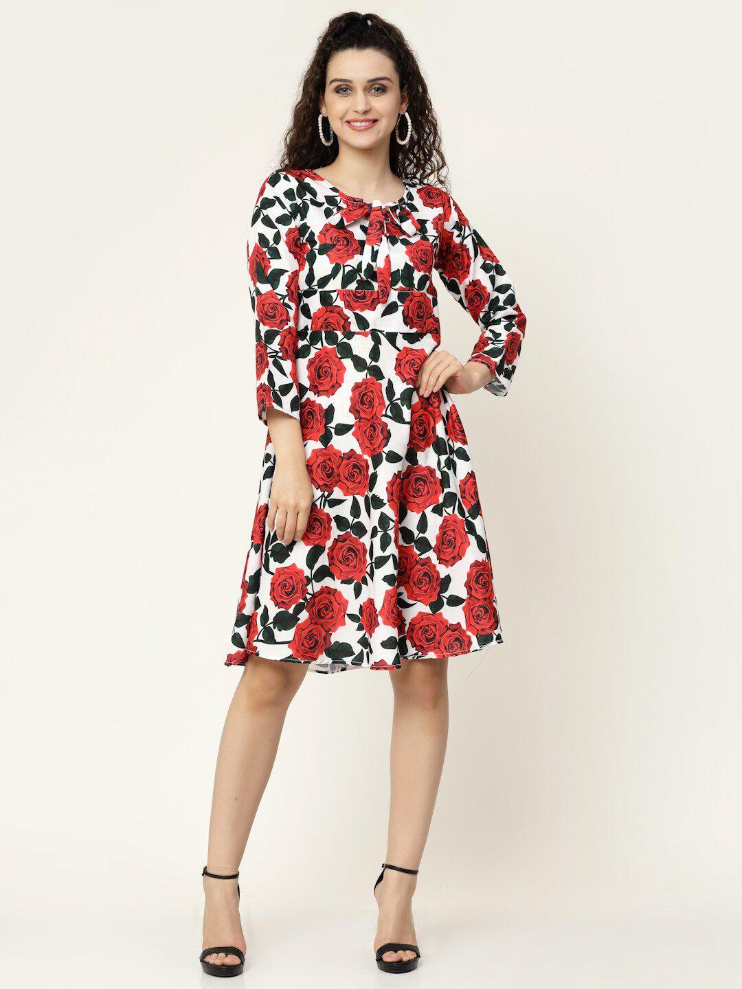 miss ayse white & red floral tie-up neck crepe dress
