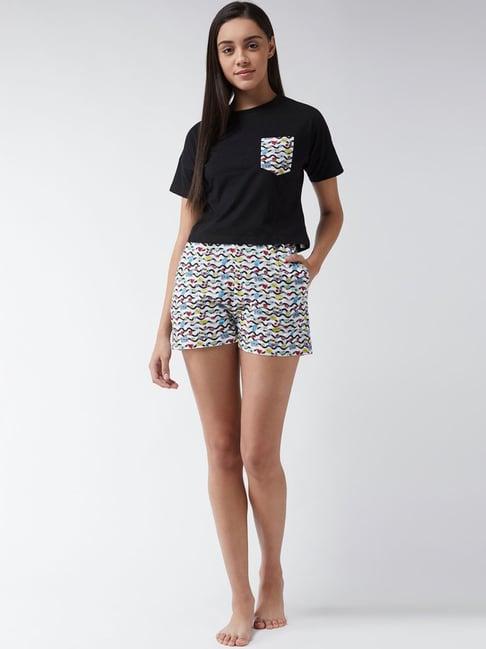miss chase black & white cotton printed t-shirt shorts set