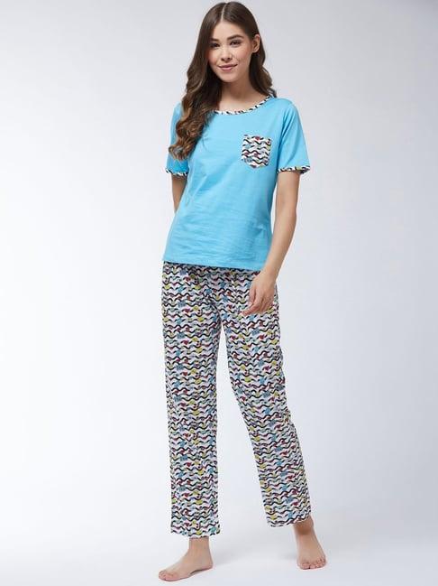miss chase blue & white cotton printed t-shirt pyjama set