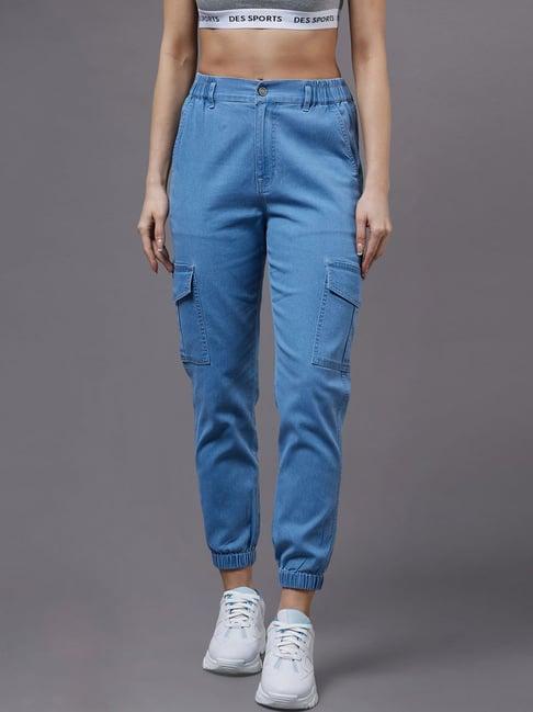 miss chase blue cotton high rise stretchable joggers