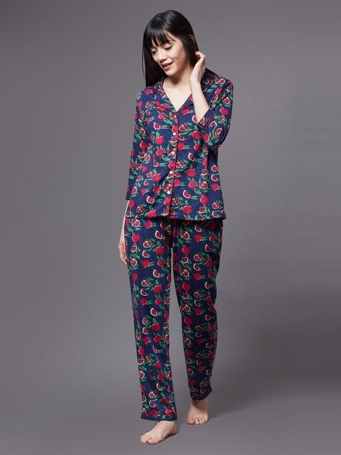 miss chase blue cotton printed shirt pyjama set