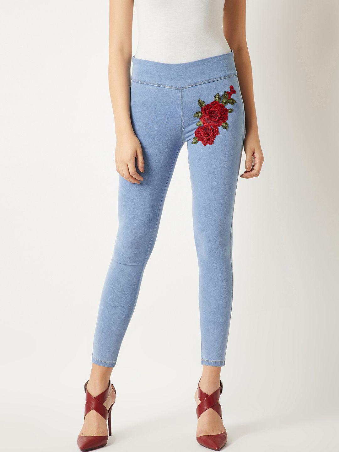 miss chase blue skinny fit embroidered jeggings