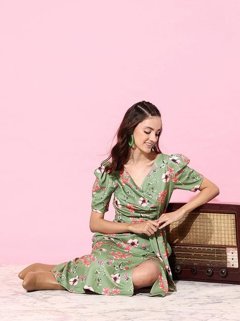 miss chase green floral print wrap dress