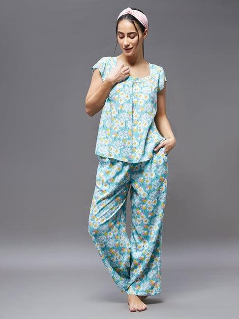 miss chase light blue rayon floral print top with pyjamas