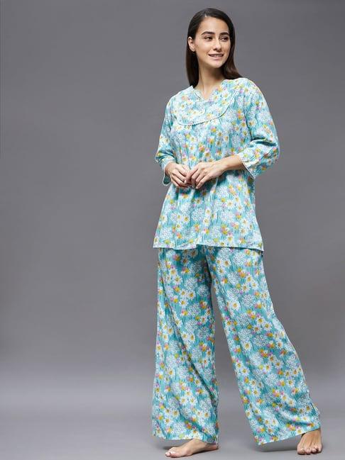 miss chase light blue rayon floral print tunic with pyjamas