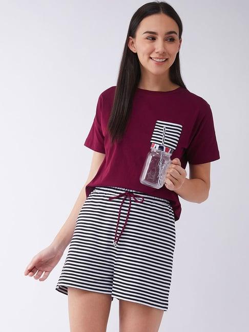 miss chase maroon & white cotton striped top short set