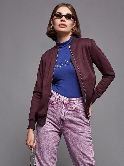 miss chase maroon relaxed fit ring puller detailing zippered jacket