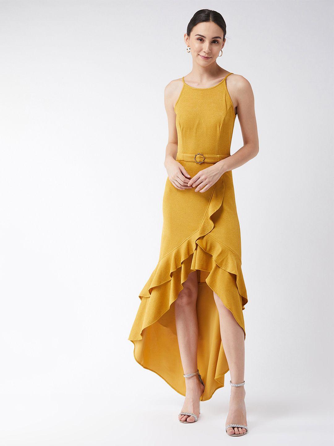 miss chase mustard yellow solid shoulder straps peplum maxi dress