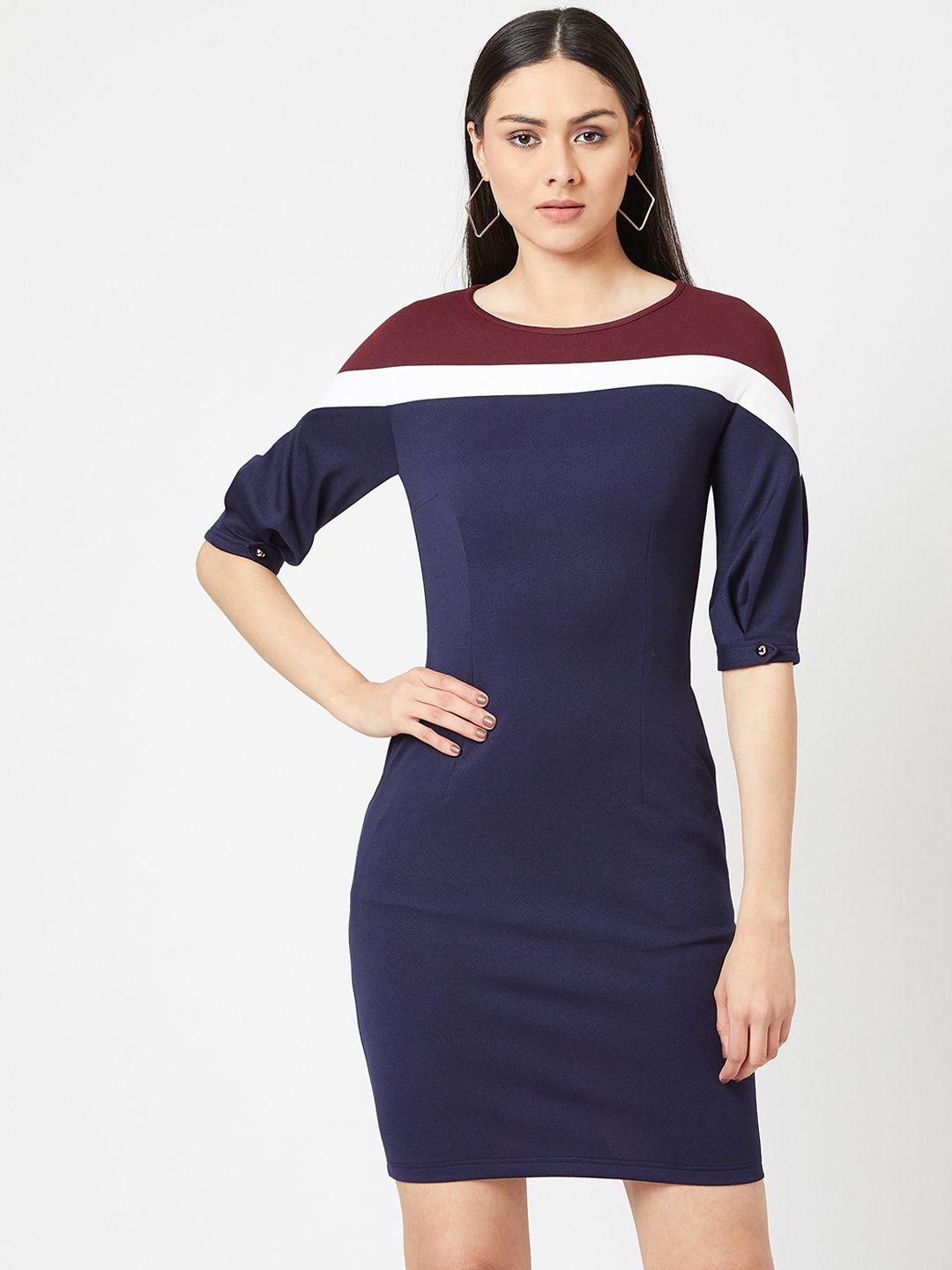 miss chase navy blue & red striped crepe bodycon dress