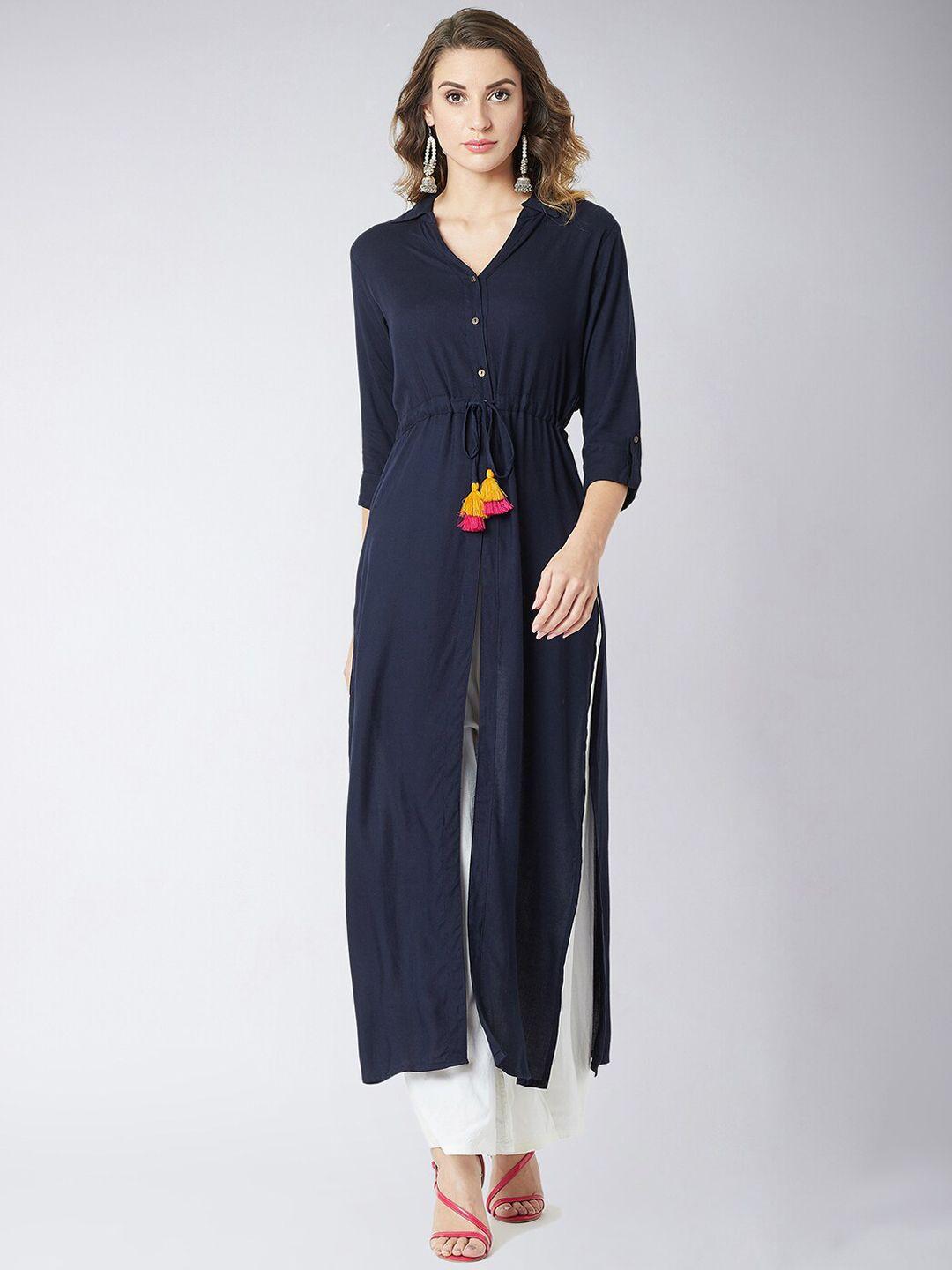 miss chase navy blue shirt collar pure cotton maxi longline top