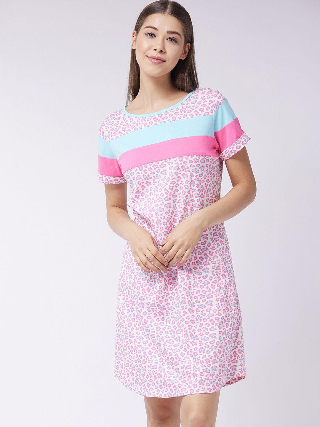 miss chase off white & pink printed pure cotton nightdress