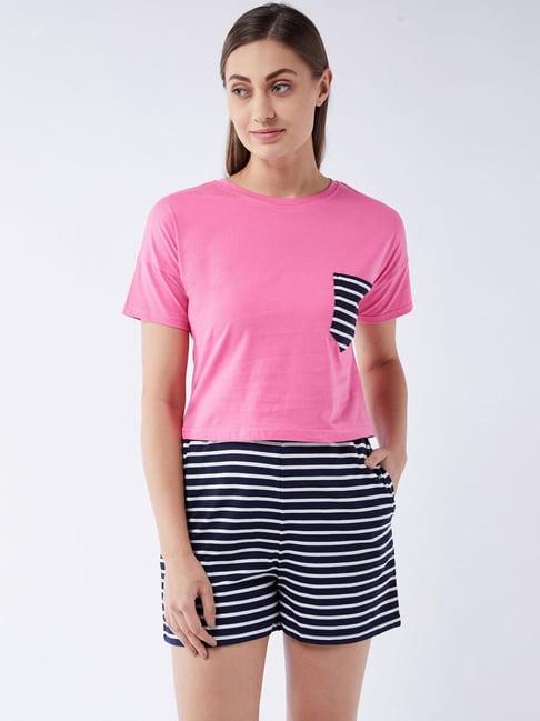 miss chase pink & black cotton striped t-shirt shorts set