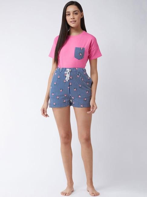 miss chase pink & navy cotton printed crop top shorts set