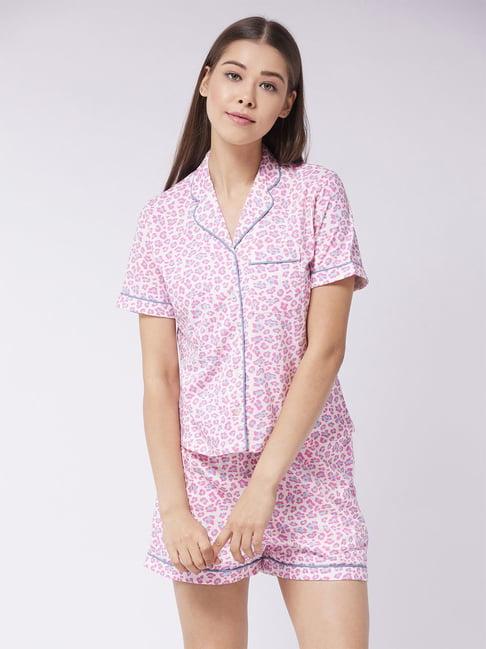 miss chase pink cotton printed shirt shorts set