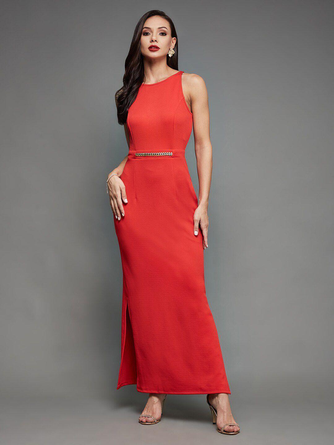 miss chase red round neck maxi dress