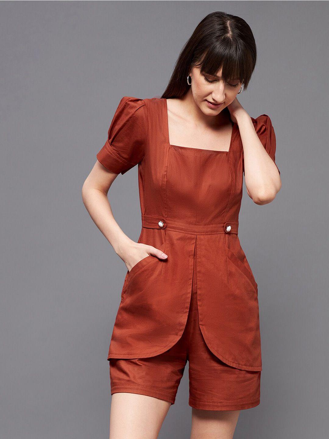 miss chase rust square neck puff sleeves layered pure cotton jumpsuit