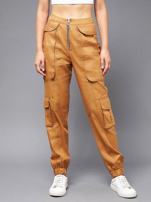 miss chase tan cotton relaxed fit paneled joggers
