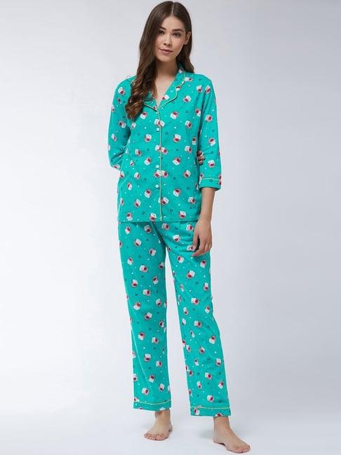 miss chase turquoise cotton printed shirt pyjama set