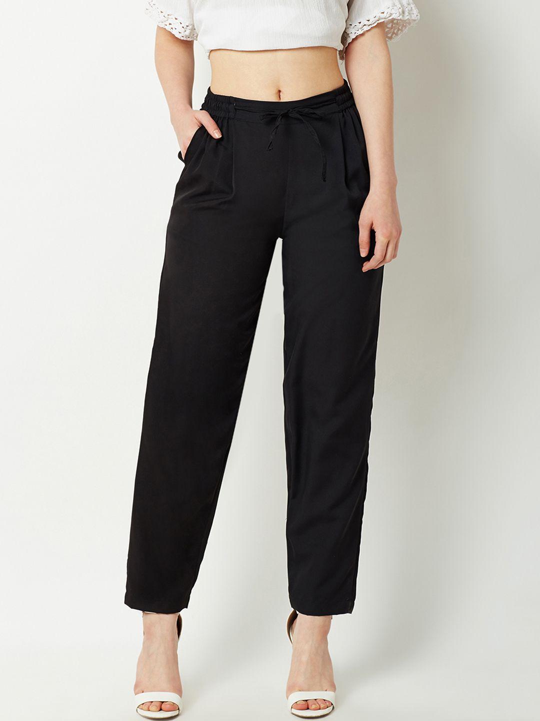 miss chase women black regular fit solid cigarette trousers
