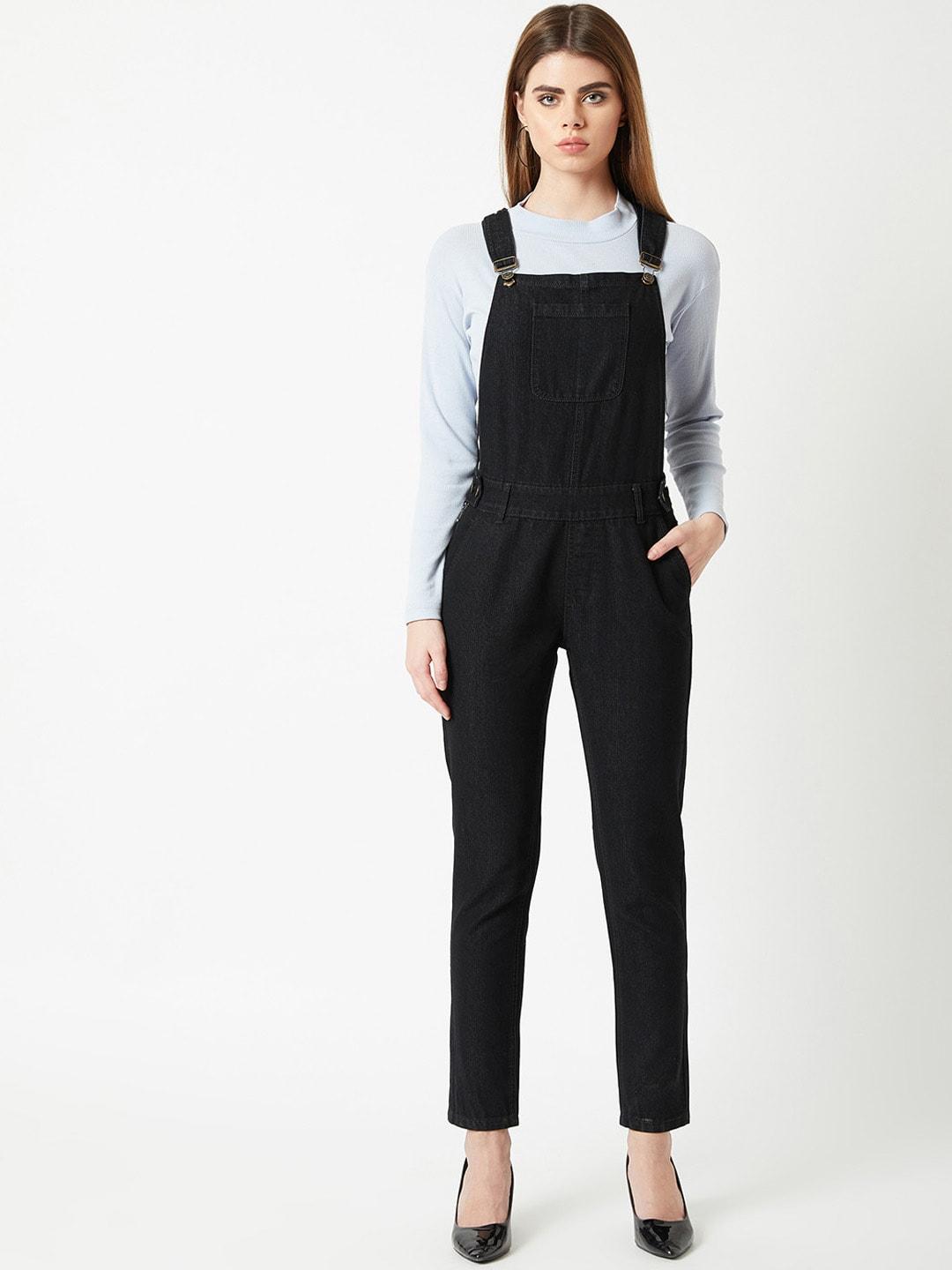 miss chase women black solid skinny fit denim dungaree