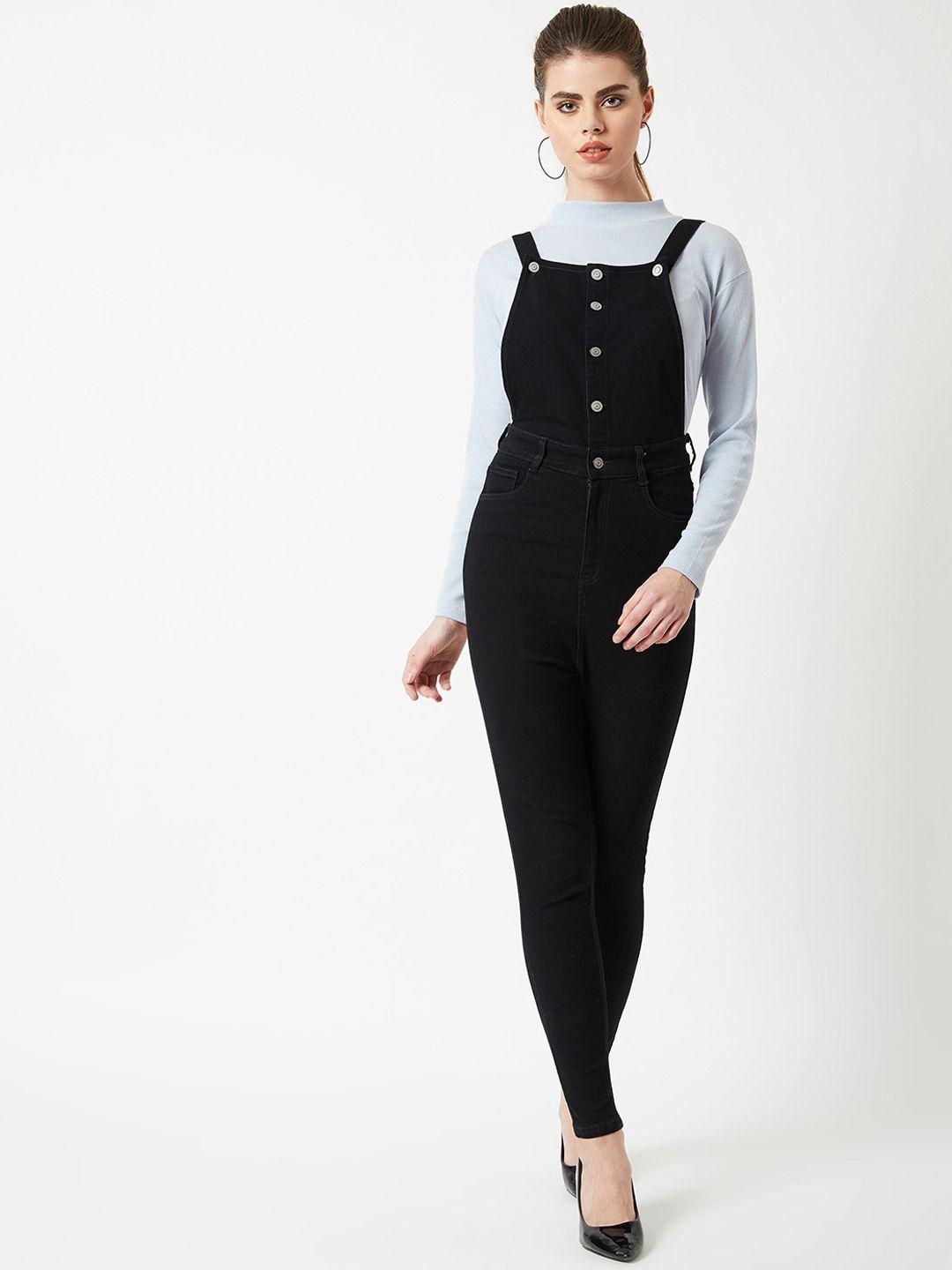 miss chase women black solid skinny-fit denim dungaree