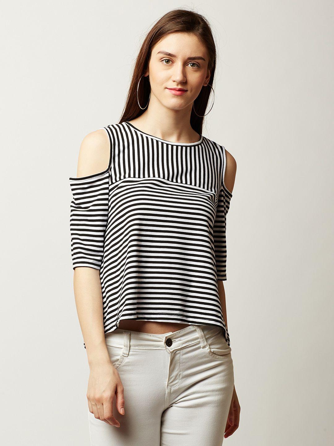 miss chase women black striped styled back pure cotton top