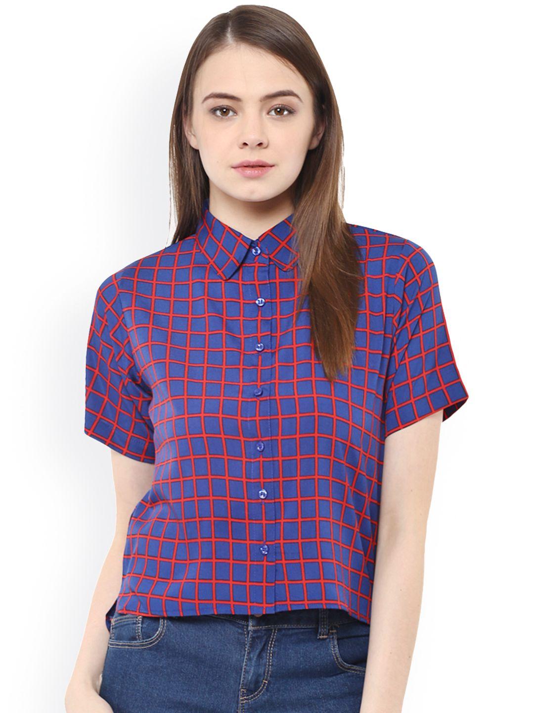 miss chase women blue & red checked casual shirt