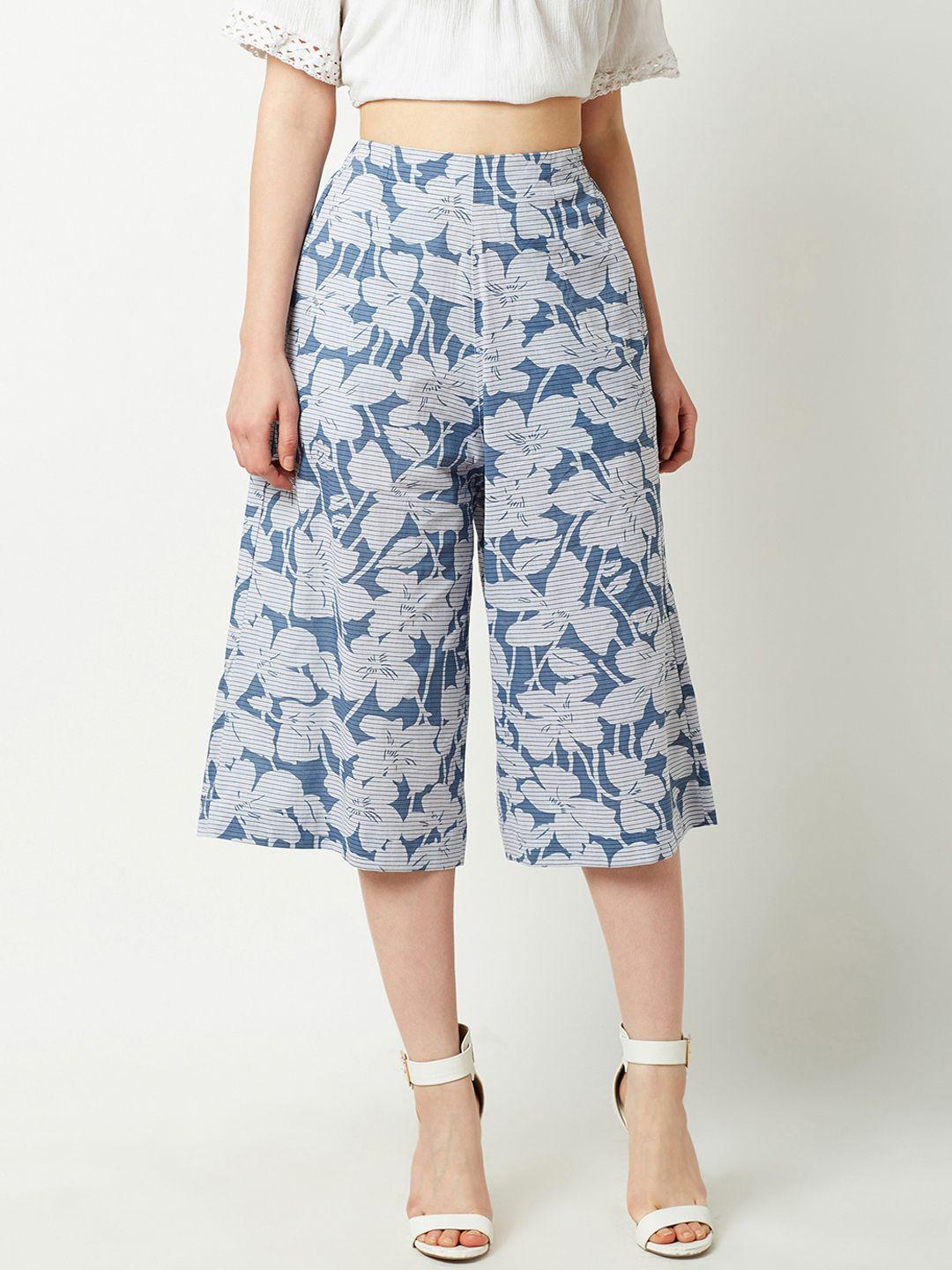 miss chase women blue & white regular fit printed culottes