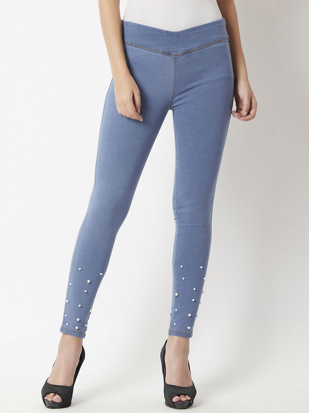 miss chase women blue high-rise embellished detail skinny fit jeggings