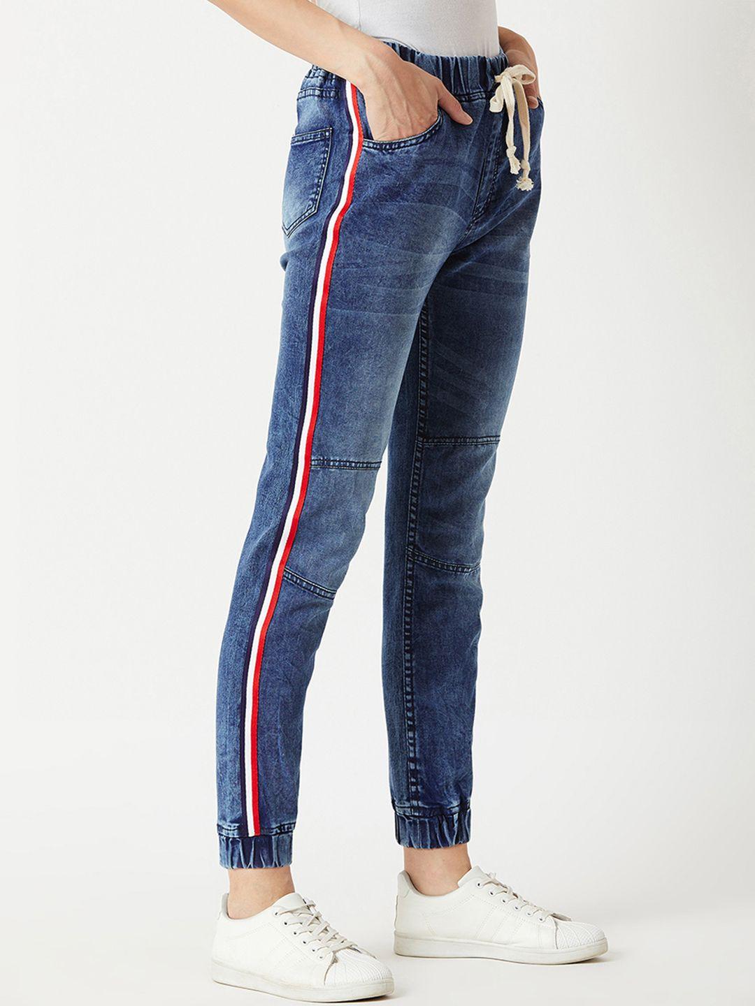 miss chase women blue regular fit denim solid joggers