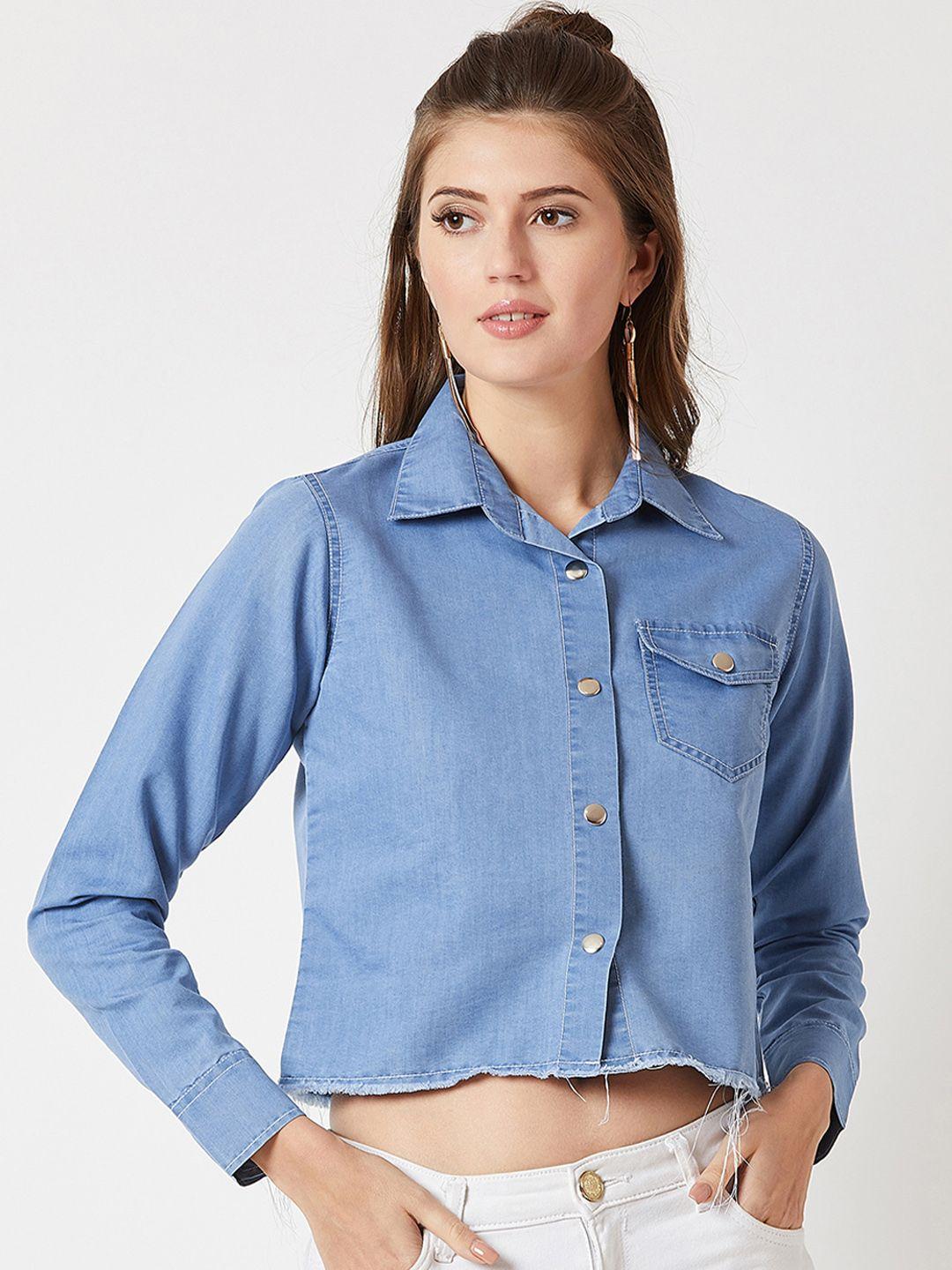 miss chase women blue regular fit solid casual denim shirt