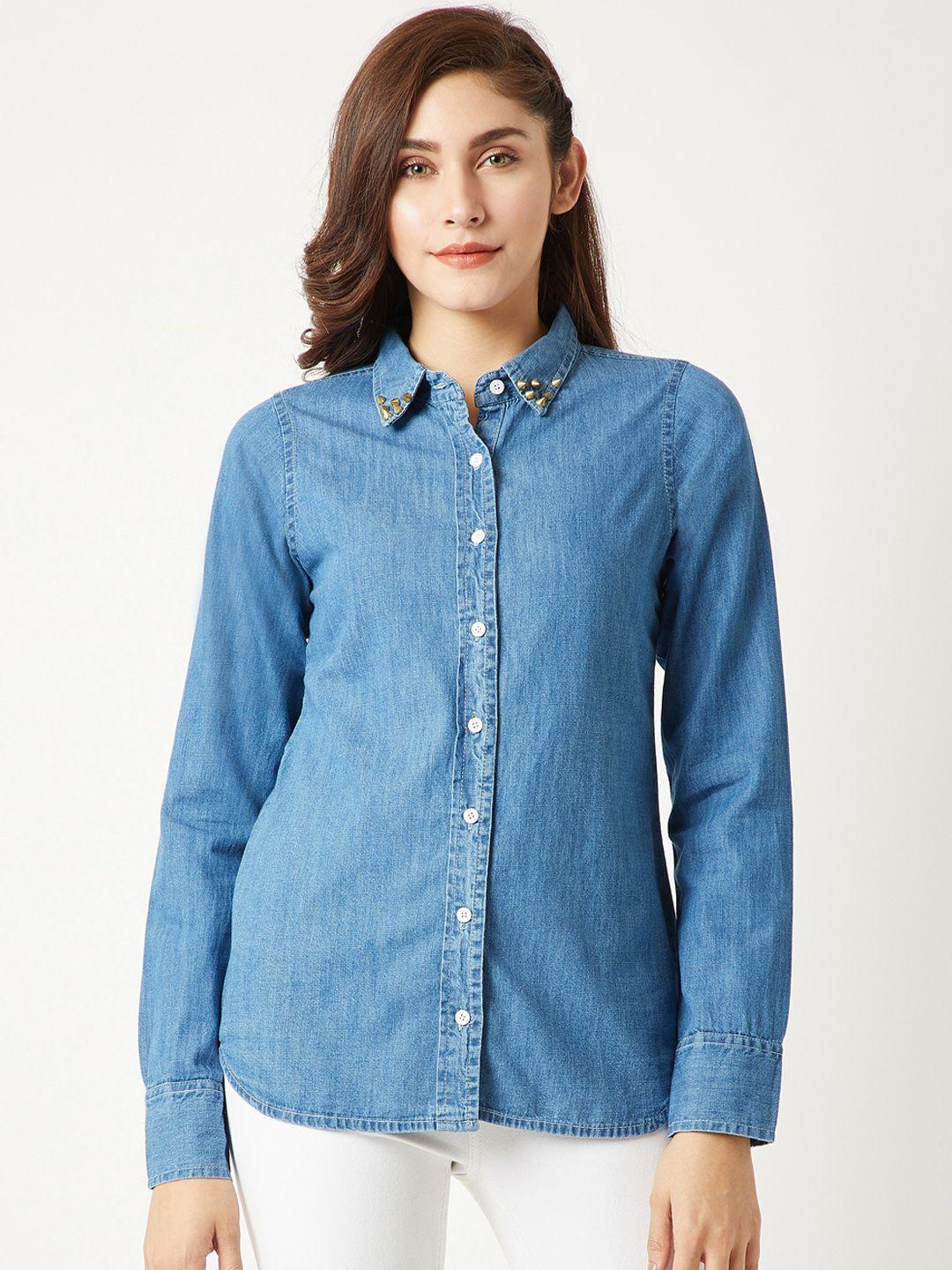 miss chase women blue regular fit solid casual shirt