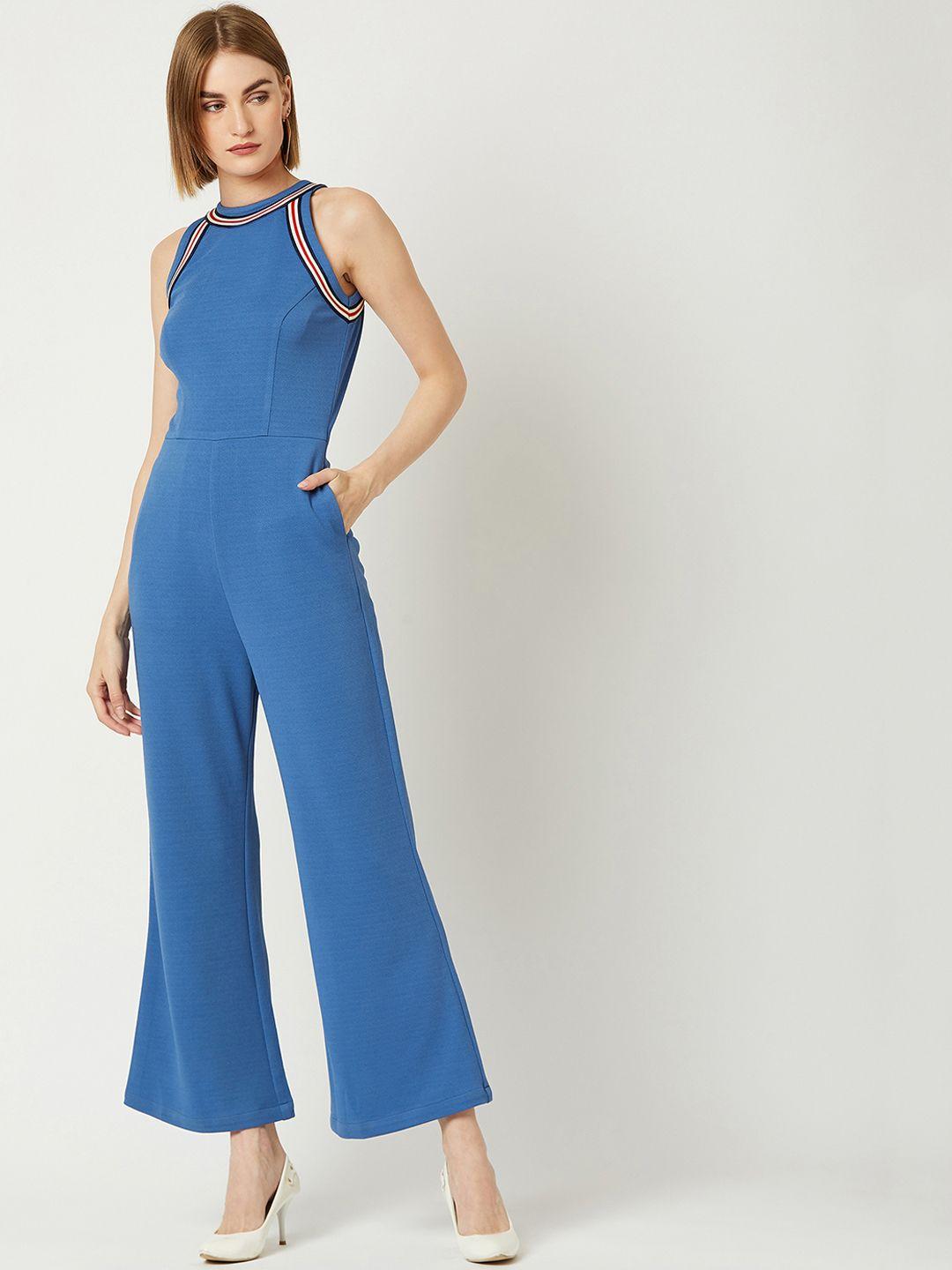 miss chase women blue solid basic jumpsuit