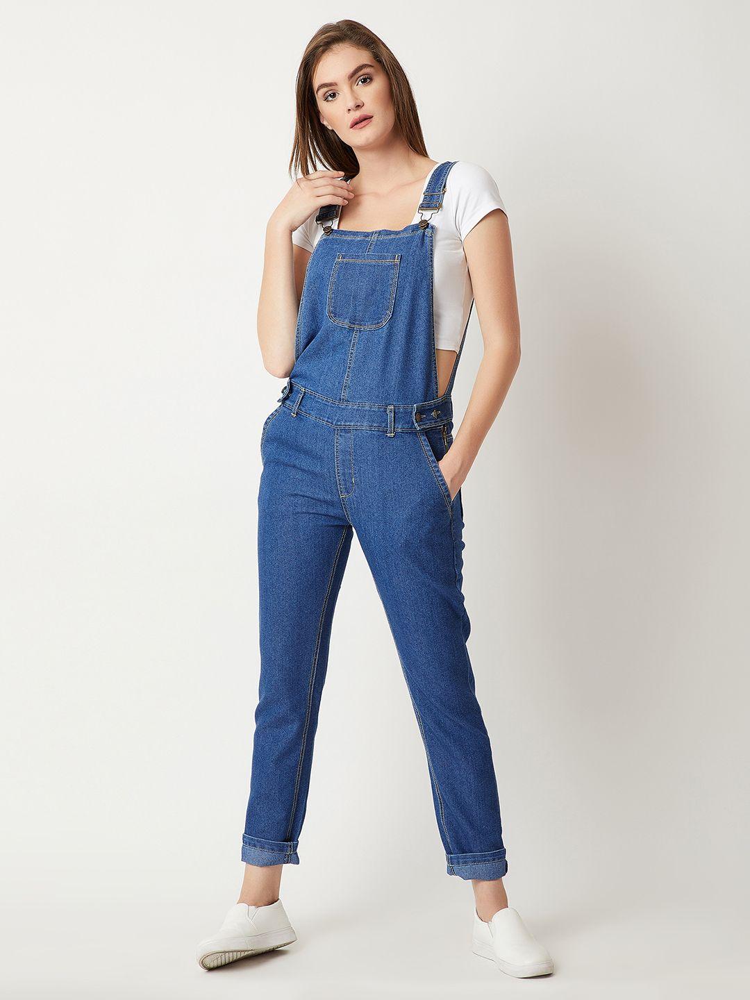 miss chase women blue solid slim fit denim dungarees