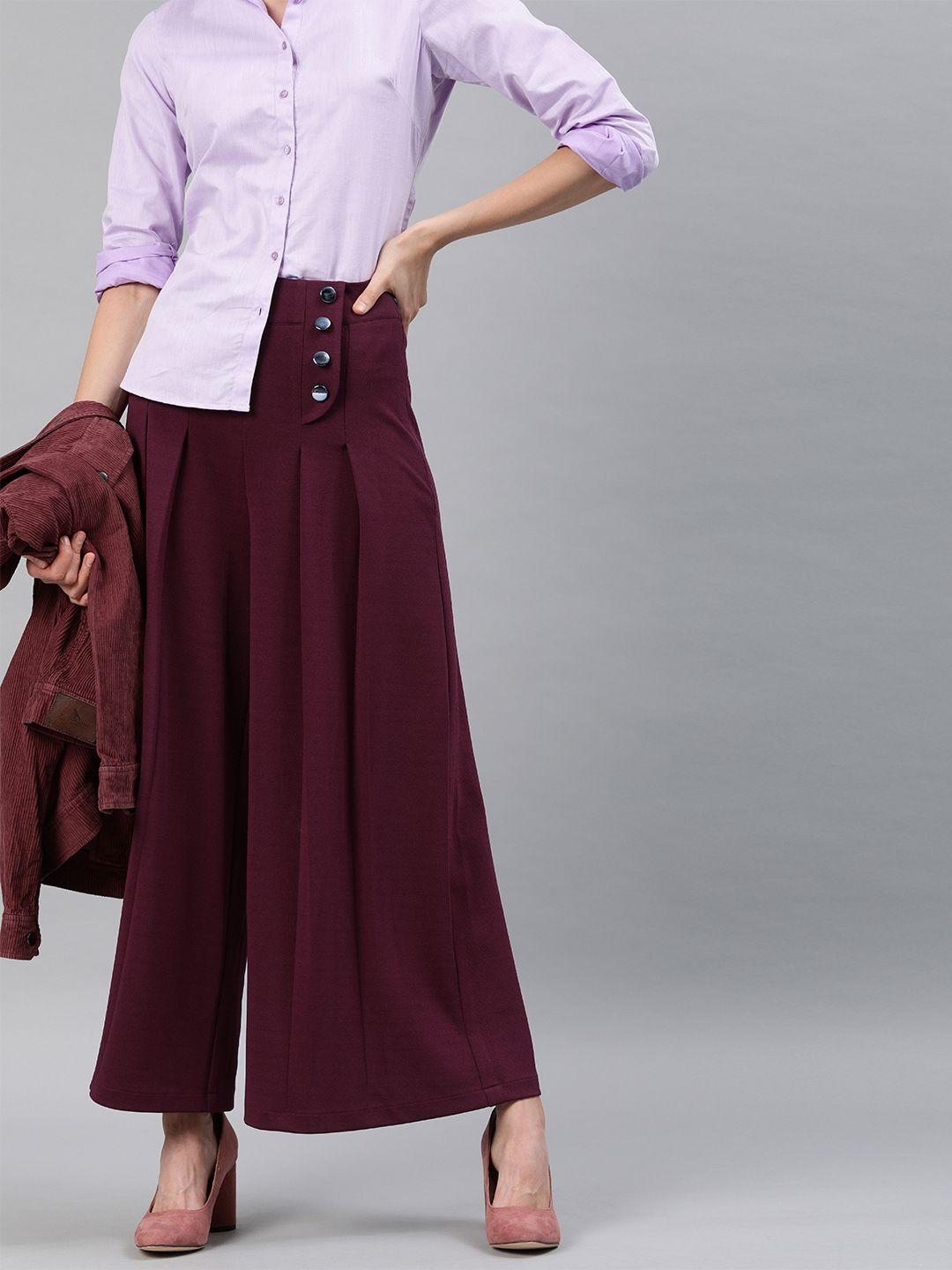 miss chase women burgundy regular fit solid parallel trousers