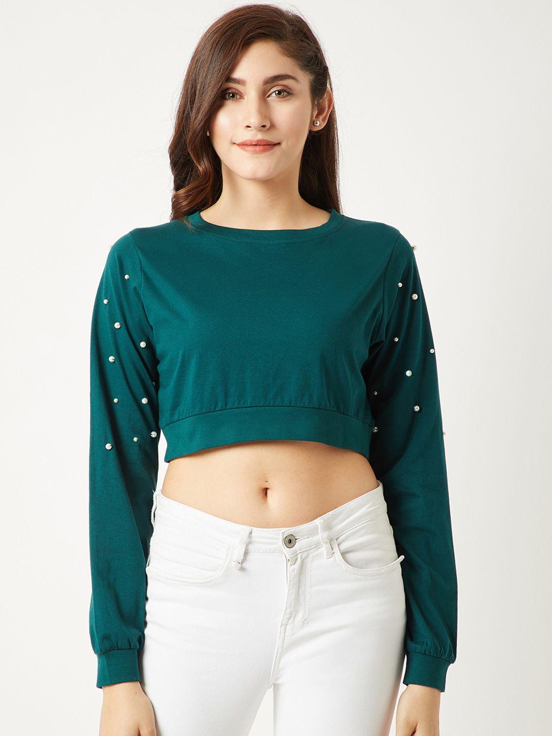 miss chase women green embellished crop pure cotton top
