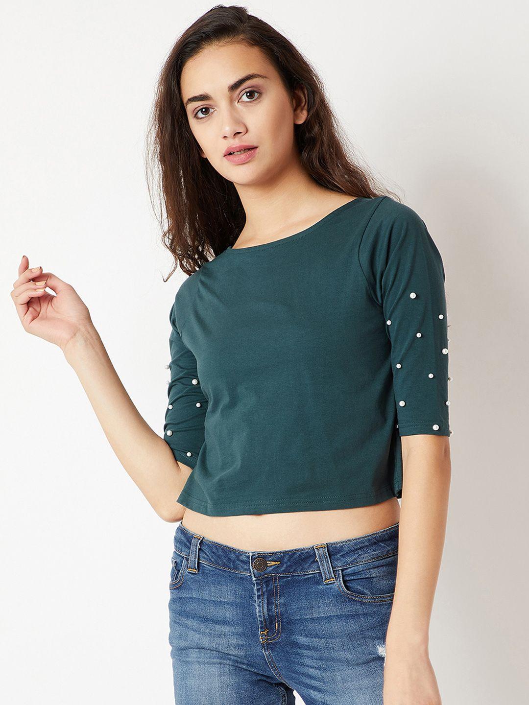 miss chase women green embellished pure cotton top