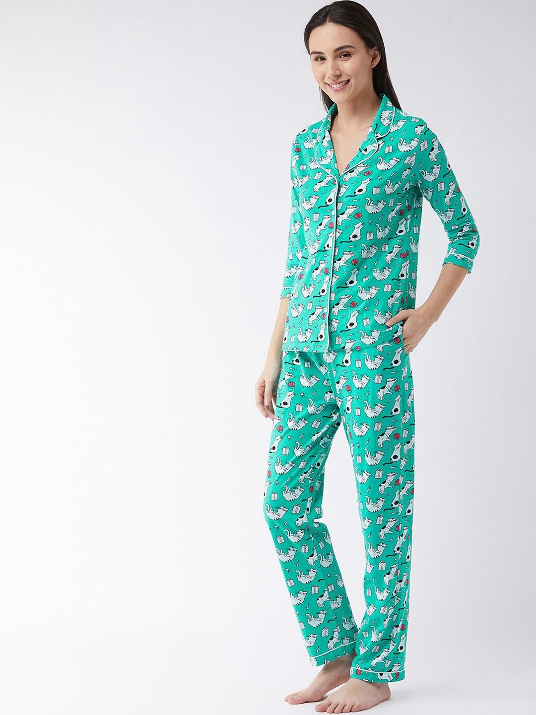miss chase women green pure cotton cat printed pajama set