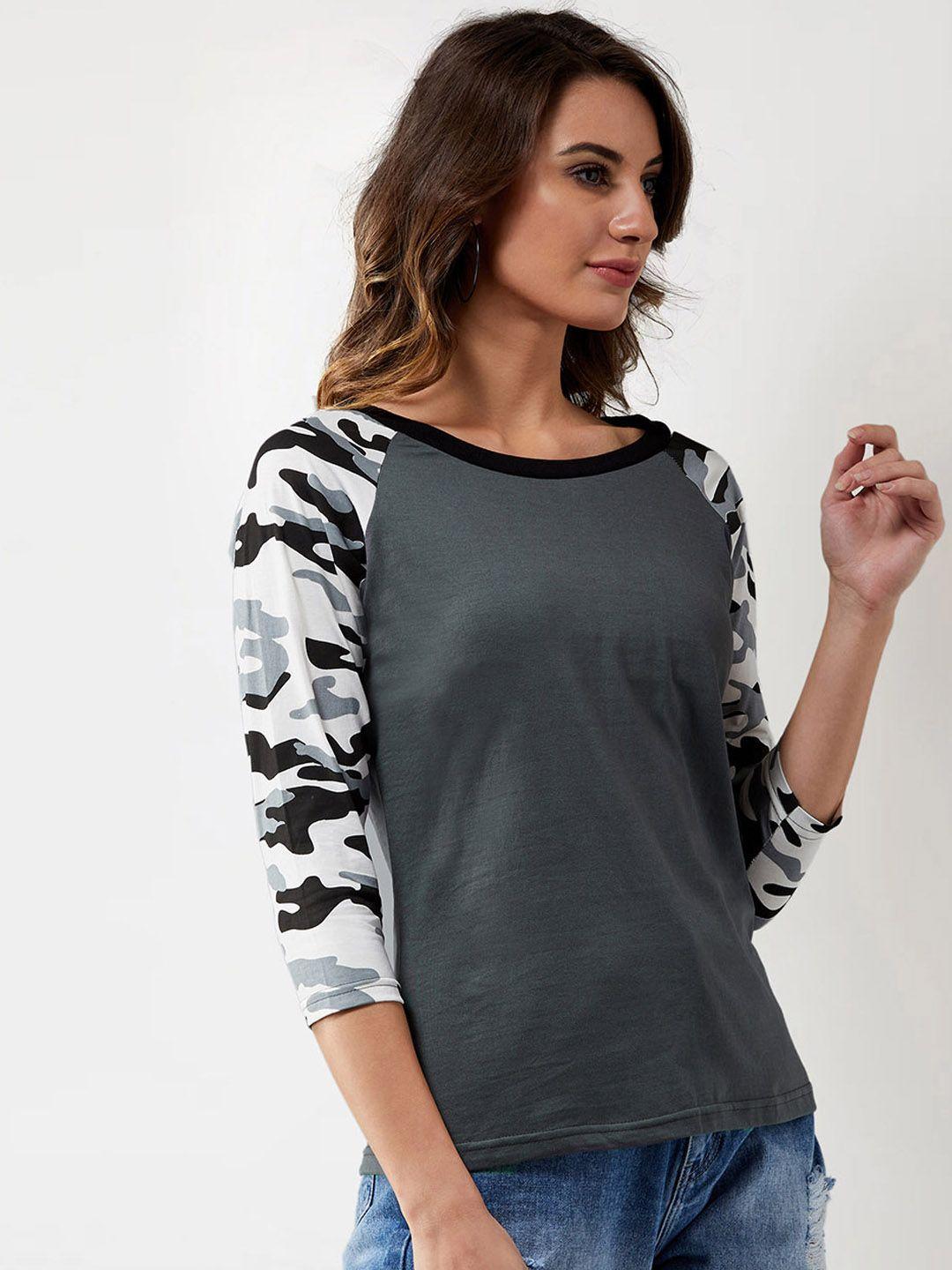 miss chase women grey & white camouflage printed round neck t-shirt