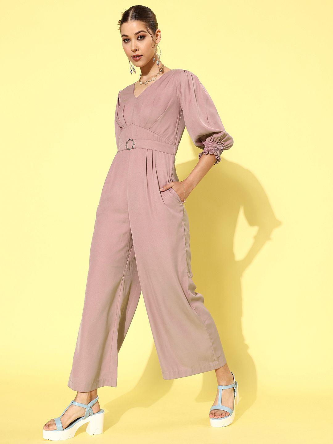 miss chase women lavender solid pleated basic jumpsuit