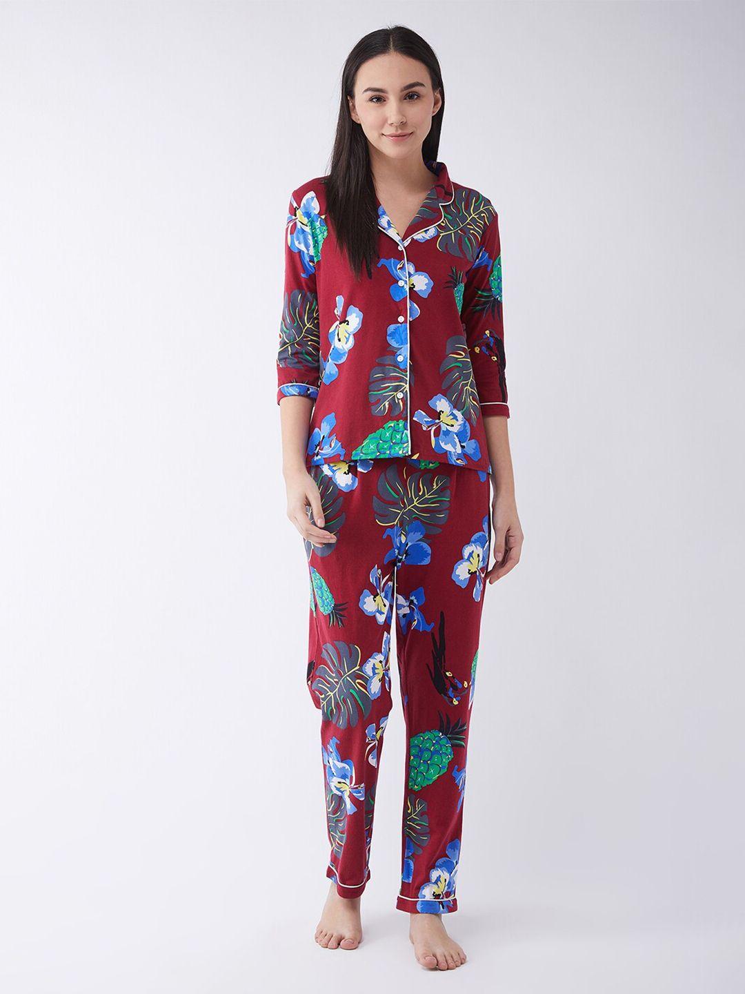 miss chase women maroon & blue printed night suit